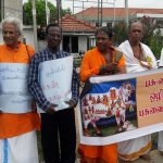 Members of the Siva Senai protest the slaughter of cattle.  For thirty years a war was fought splitting the country on ethnic lines- the Sinhalese and the Tamils.  But now, fundamentalists on both sides (Sinhalese are mostly Buddhist, and Tamils mostly Hindu), are seeing the similarities in each other’s religions and joining hands against Muslims and Christians.