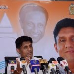 Housing Minister Sajith Premadasa speaking to the press at the launch of the Sasunata Aruna program. He is potential leader of the United National Party but his group of followers are yet to make a strike within the United National Party.