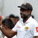 Off Spinner Dilruwan Perera showing off after a match winning performance in the first test in Galle. Sri Lanka’s three prong spin attack bowled all the overs other than for 3.4 overs in Galle, by fast bowler Suranga Lakmal.