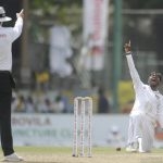 Akila Dananjaya celebrating his fifth wicket in the first innings of the second test. The Sri Lankan spinners took 37 of the 40 South African wickets.