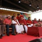 Leaders of the Sri Lanka Podujana Peramuna during happier times, on stage at the May Day rally in Galle this year, soon after winning the local government elections. Now they are bickering over the candidate for the next presidential election.