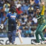 South Africa’s Tabraiz Shamsi appeals successfully to get the wicket for Sri Lanka’s captain Angelo Mathews. His return to the game after injury was anything but spectacular.
