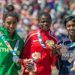 Paarami Wasanthi (right) with Kenya’s Fancy Cherono (centre- gold) and Ethiopia’s Mekides Abebe (silver) on the Youth Olympics podium.