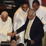 On Wednesday, December 12, a vote of confidence in Ranil Wikcremesinghe to function as Prime Minister was passed in parliament.  The motion won the backing of the TNA. Picture shows Ranil Wickremesinghe and TNA Leader R Sambanthan in Parliament.