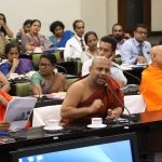 Ven. Prof. Medagoda Abhayatissa Thero,(center) stressing a point. On his left is Ven. Dr. Akuretiya Nanda Thero, Chief Sanganayake of the Western Province, and on the right is the Ven. Induragare DhammaratanaThero. (Courtesy Parliament media)